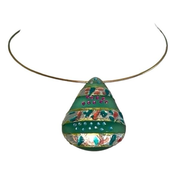 Vintage Statement Necklace Green Pink Gold Hand Painted Pendent Gold Tone Metal - Picture 1 of 4